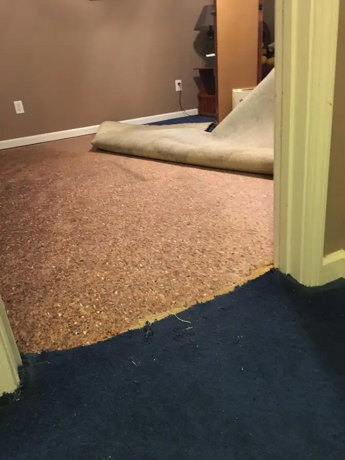 Carpet pad removal revealing water damage during Water Mitigation Services in Orange Cove