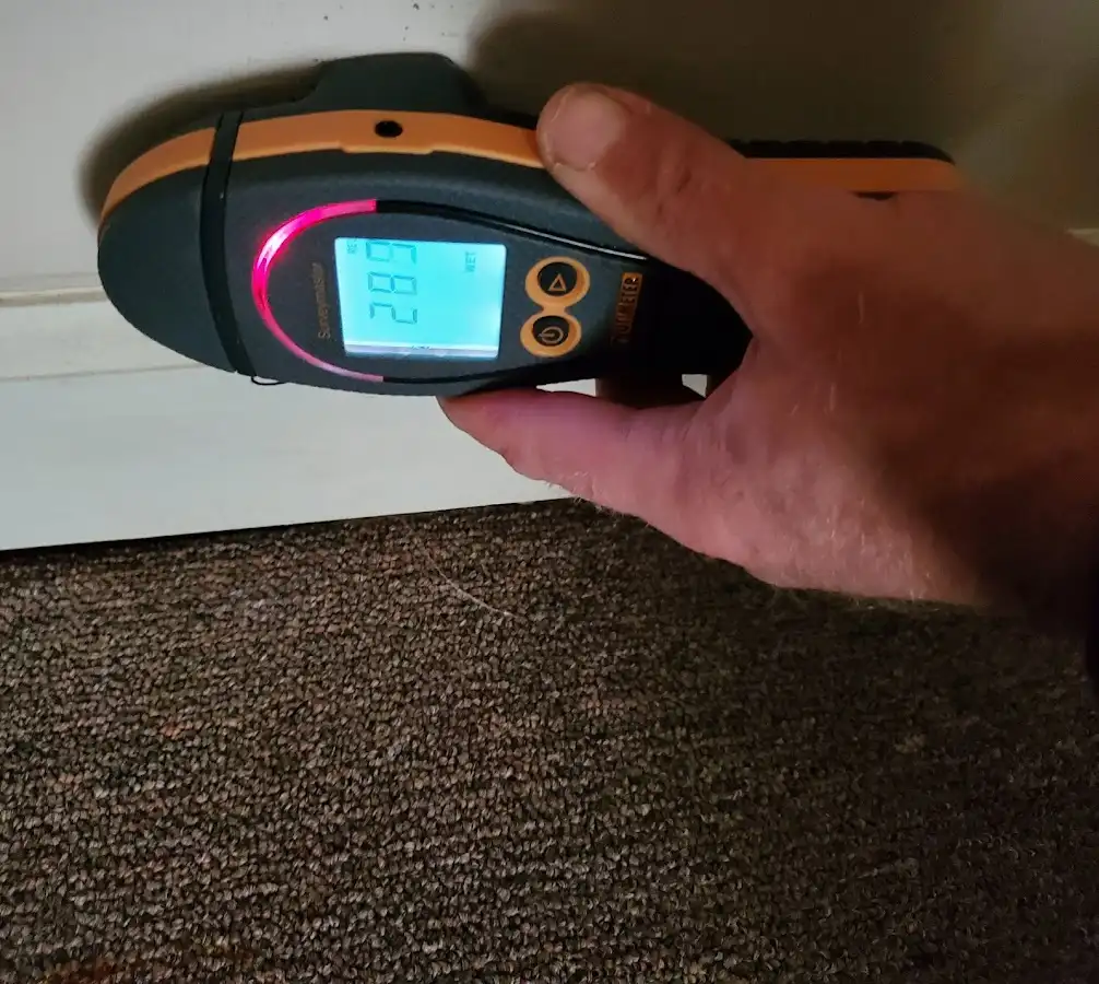 Moisture detection at baseboard during Storm Damage Restoration in Orange Cove